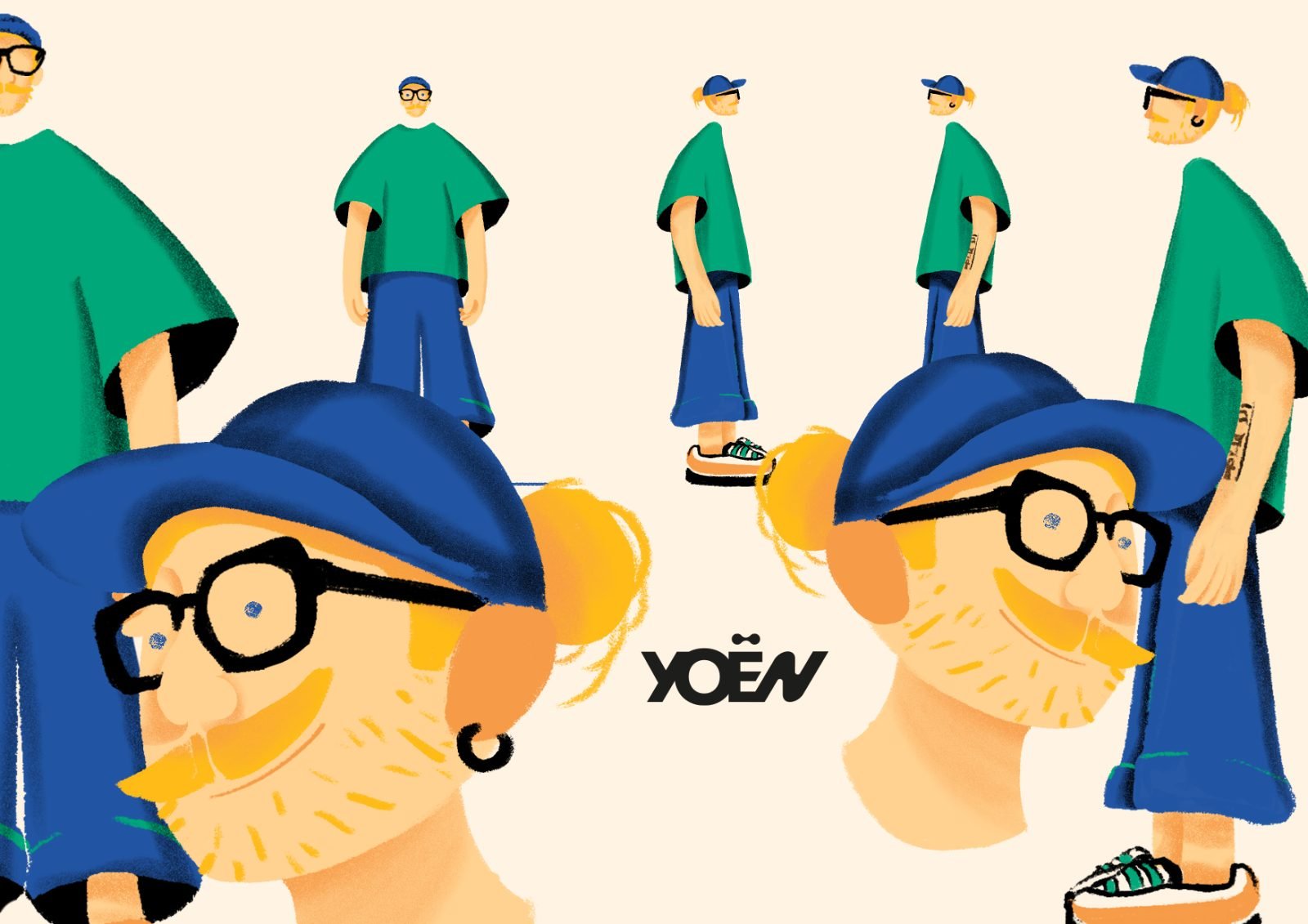 Autoportrait illustré de Gaël Méhat, directeur artistique à Quimper : casquette bleue, lunettes noires, t-shirt vert, vu de face, de profil et en gros plan.