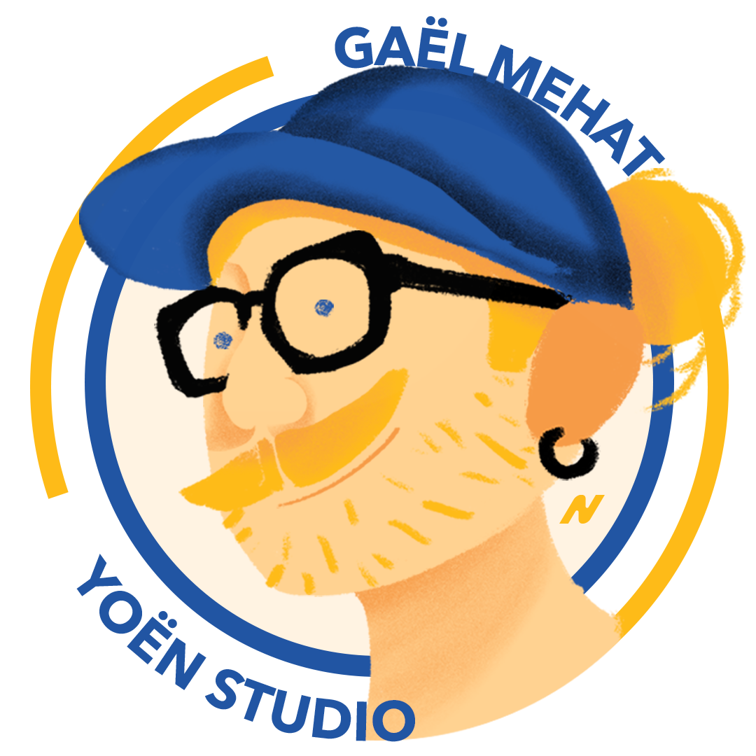 Gaël Méhat, Yoën Studio : autoportrait illustré en badge rond, casquette bleue et lunettes noires.